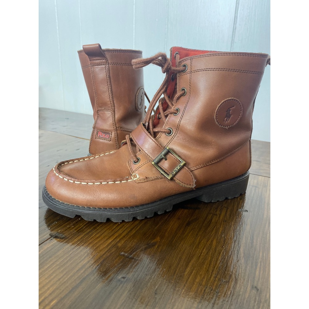 Polo Ralph Lauren Ranger Hi Brown Leather Boots Boys 6.5 Buckle Moc Toe SKU B10